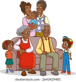 big family together vector illustration.Happy family sitting on couch together for portrait photography.Portrait of big happy family of father, mother, grandfather, grandmother, children.