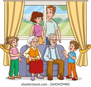 big family together vector illustration.Happy family sitting on couch together for portrait photography.Portrait of big happy family of father, mother, grandfather, grandmother, children.