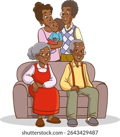 big family together vector illustration.Happy family sitting on couch together for portrait photography.Portrait of big happy family of father, mother, grandfather, grandmother, children.