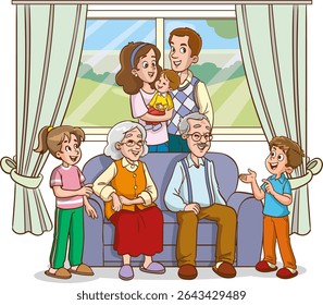 big family together vector illustration.Happy family sitting on couch together for portrait photography.Portrait of big happy family of father, mother, grandfather, grandmother, children.