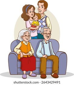 big family together vector illustration.Happy family sitting on couch together for portrait photography.Portrait of big happy family of father, mother, grandfather, grandmother, children.