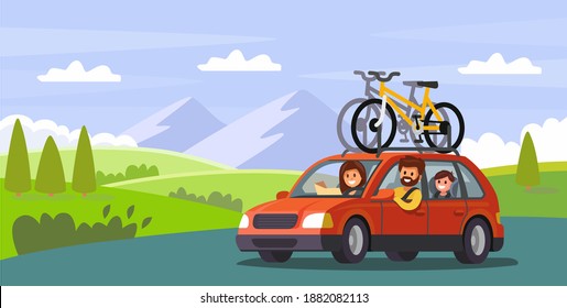 Big family traveling by car out of town. Flat cartoon happy people driving in automobile with luggage. Across countryside with mountain.