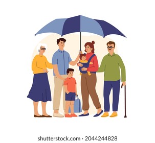 Big Family Under Giant Umbrella. Safety Concept. Grandparents, Parents And Children. Man With Wife, Little Baby. Life And Health Insurance Vector Metaphor