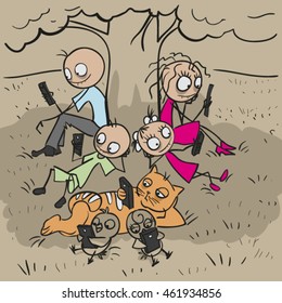 Big family under tree. Everyone looks at phone. Vector cartoon illustration