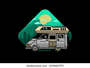 Big family van with sliding door for camping illustration badge design