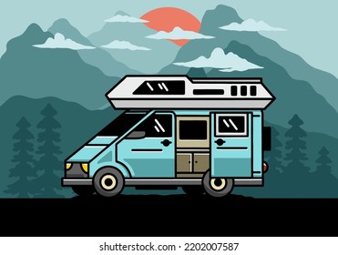 Big family van with sliding door for camping illustration badge design