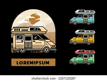 Big family van with sliding door for camping illustration badge design