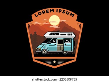 Big family van with sliding door for camping illustration badge design