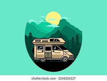 Big family van with sliding door for camping illustration badge design