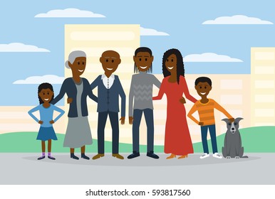 Big family. Vector flat illustration. African American.