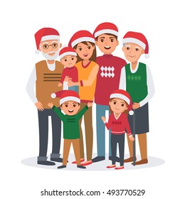 Big family vector illustration. Big family celebrates Christmas. Family portrait isolated 
on white background.