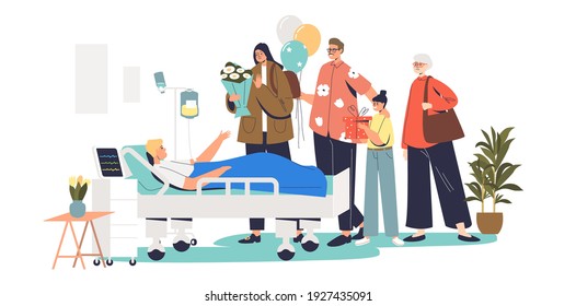 Big family visiting sick son in hospital. Patient and visitor in intensive therapy hospital ward during visit to ill boy at recovery or therapy. Cartoon flat vector illustration