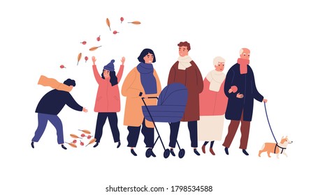 Big family walking at autumn street together vector flat illustration. Cute grandparents, parents and children spending time outdoor isolated. Elderly, adult and young relatives enjoying strolling