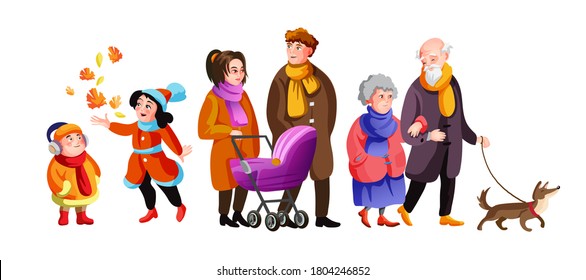 Big family walking at autumn street together vector cartoon illustration. Cute grandparents, parents, children and dog spending time outdoor isolated