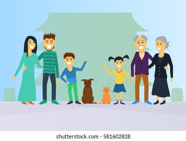 Big family walking in the city. Vector flat illustration.