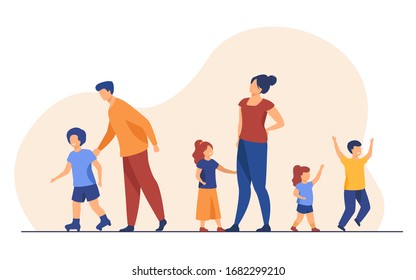 Big family walking outdoors. Tired parents and children standing together, roller skating. Vector illustration for large family, childhood, weekend, leisure concept