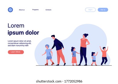 Big family walking outdoors. Tired parents and children standing together, roller skating. Vector illustration for large family, childhood, weekend, leisure concept