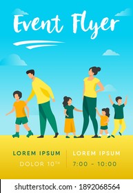 Big family walking outdoors. Tired parents and children standing together, roller skating. Vector illustration for large family, childhood, weekend, leisure concept
