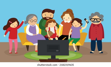 Big Family Watching Tv Illustration Stock Vector (Royalty Free ...