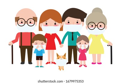 big family wearing protective Medical mask for prevent Covid-19 virus nCoV or coronavirus from Wuhan, China crisis concept. isolated on white background vector illustration