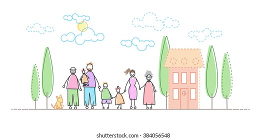 Big Famity Grand Parents Three Kids In Front of New House Vector Illustration