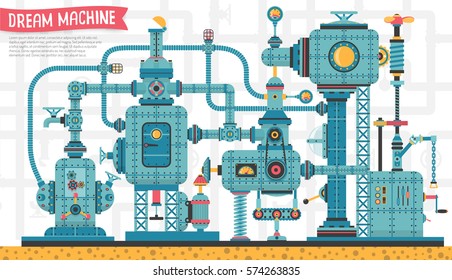 Big Fantastic intricate steampunk machine, with pipes, aggregates, valves, cables, devices and other components. It can be disassembled into individual spare parts. Vector illustration.