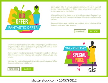 Big fantastic offer only one day special price premium quality sale set of web posters summer mode apparels women dresses on mannequins vector banners