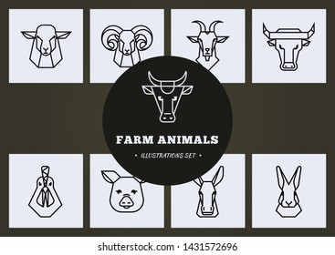 Big farm animals illustrations vector set of 9 illustrations in dark background.