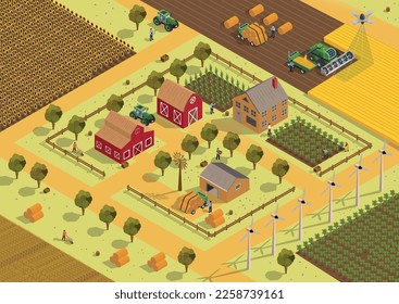 Big farm concept. Agriculture and rural area. Men gather wheat and grow vegetables and fruits. Harvest and natural and organic products. Poster or banner. Cartoon isometricvector illustration