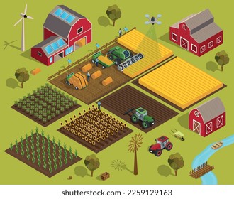 El concepto de gran granja. El tractor en los campos recoge trigo, huerto, arrozal. Agricultura rural, aldea y campo, agricultura. Afiche o cartel para el sitio web. Isometric vector ilustración