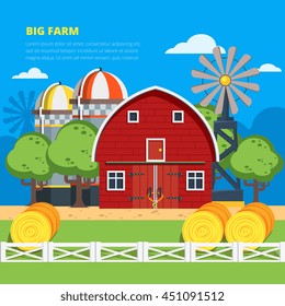 Big farm flat colorful composition with wooden village house haystacks elevator wind turbine vector illustration