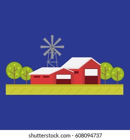 Big farm flat colorful composition with wooden village house 