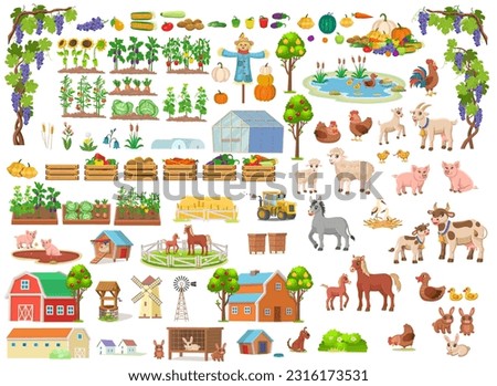 Big farm set. Set of farm in a cartoon style. Vector illustration with animals, agricultural building, plants, trees, fruits, vegetables on white background for children