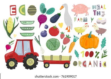 Big farm set. Cartoon vector collection. All elements are isolated