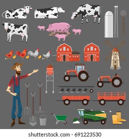 Big farm set of elements for design. Farm house, animals, tractor, combine harvester, mill, farmer isolated on dark background vector illustration flat
