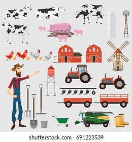 Big farm set of elements for design. Farm house, animals, tractor, combine harvester, mill, farmer isolated on white background vector illustration flat
