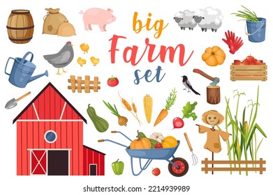 Big farm set with isolated elements in flat cartoon design.