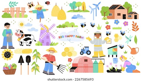 Big farm set. Stickers with animals, gardeners and farmers, barns and equipment. Harvesting and growing plants. Agriculture in countryside. Cartoon flat vector collection isolated on white background