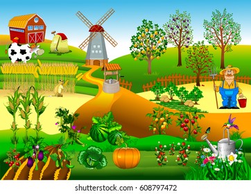 Big farm with a windmill and a fruit garden, vector