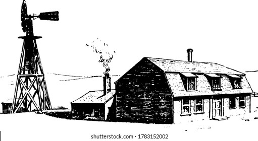 Uma grande fazenda com uma chaminé no topo, e nas costas uma chaminé funcionando. Também uma usina de energia eólica é mostrada, vintage desenho de linha ou gravura ilustração.