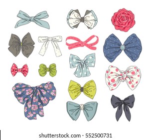 Big fashion collection of bows. Vector colorful illustration in rustic style.