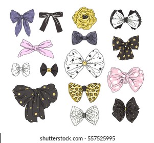 Big fashion collection of bows. Vector colorful illustration in chic style.