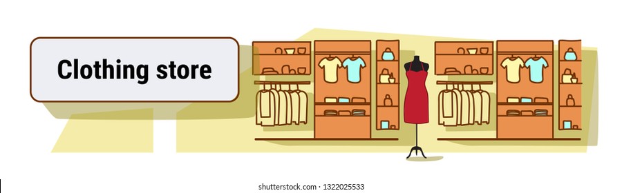 big fashion shop empty nobody super market clothing store concept female clothes shopping mall interior colorful sketch flow style horizontal banner