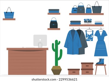 Big Fashion Shop Super Market Female Clothes Shopping Mall. Used clothes on racks, hanging on secondhand store hanger rail. Garments mix on sale. Apparel leftovers assortment in stock shop.
