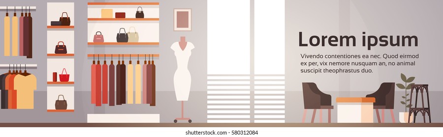 Big Fashion Shop Super Market Female Clothes Shopping Mall Interior Banner With Copy Space Flat Vector Illustration