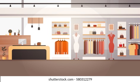 Big Fashion Shop Super Market Female Clothes Shopping Mall Interior Banner With Copy Space Flat Vector Illustration