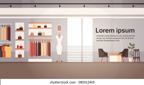 Big Fashion Shop Super Market Female Clothes Shopping Mall Interior Banner With Copy Space Flat Vector Illustration