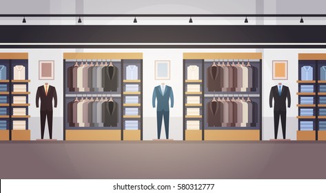 Gran Tienda de Moda Super Mercado Ropa Masculina Centro Comercial Banner Interior Con Espacio De Copia Ilustración Vector Plano