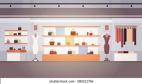 Big Fashion Shop Super Market Female Clothes Shopping Mall Interior Banner With Copy Space Flat Vector Illustration