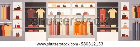 Big Fashion Shop Super Market Female Clothes Shopping Mall Interior Banner With Copy Space Flat Vector Illustration